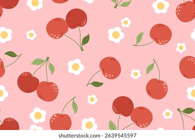 Seamless pattern with cherry flowers and leaves.
