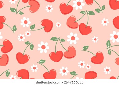 Seamless pattern with cherry flowers and leaves.
