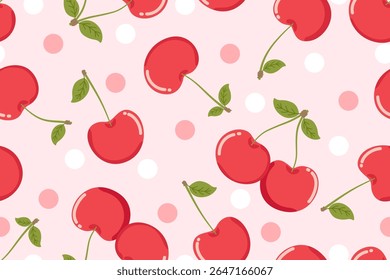 Seamless pattern with cherry flowers and leaves.
