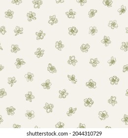 Seamless pattern with cherry flowers. Monochrome graphics. Green.