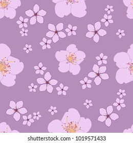 Seamless pattern of cherry flowers on a purple background