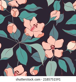 Seamless pattern with cherry flowers on a dark background. Romantic floral print with decorative plants, pink flower buds, leaves. Botanical surface design. Vector illustration.