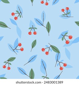 Seamless pattern with cherry fruit, blue and green leaves on blue background vector. Cute fruit print.