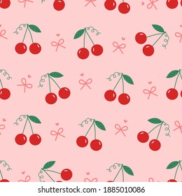 Seamless pattern with cherry fruit and bow cartoon on pink background vector illustration.