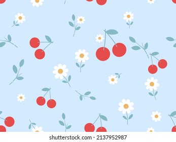 Seamless pattern with cherry fruit, branches and cute flower on blue background vector illustration.