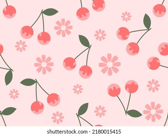 Seamless pattern with cherry fruit and cute flower on pink background vector illustration.