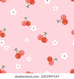 Patrón sin foco con frutos de cerezo y flor tierno en la ilustración del vector de fondo rosa. Huella de fruta.