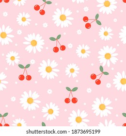 Seamless pattern with cherry fruit and daisy flower on pink background vector illustration.