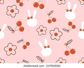 Seamless pattern with cherry fruit, daisy flower and rabbit cartoons on pink background vector illustration. Cute childish print.