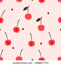 Seamless pattern with cherry fruit and dots on pink background vector illustration.