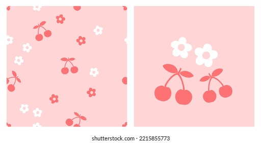 Seamless pattern with cherry fruit with flower on pink background. Cherry icon flat design vector illustration.