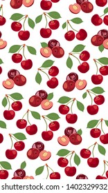 Seamless pattern cherry fruit, Fresh organic food, Red fruits berry pattern on white. Vector illustration.