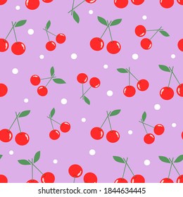 Seamless pattern with cherry fruit with green leaves and white dots on purple background vector illustration.