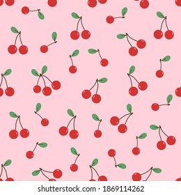 Seamless pattern of cherry fruit with green leaves on pink background vector illustration.