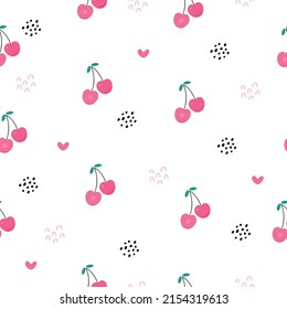 Seamless pattern of cherry fruit with green leaves, dots and hearts. Vector illustration