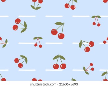 Seamless pattern of cherry fruit with green leaves on blue background vector illustration.