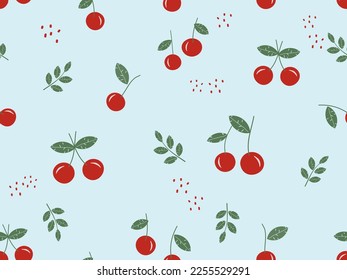 Seamless pattern with cherry fruit and green leaves on green background vector illustration. Cute fruit print.