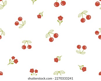 Seamless pattern with cherry fruit, green leaves and red flower on white background vector illustration. Cute fruit print.