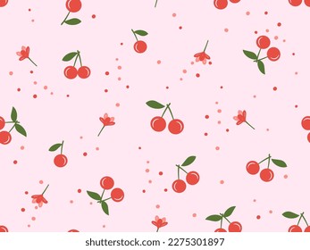 Patrón sin foco de frutos de cerezo con hojas verdes y flor en la ilustración vectorial de fondo rosa. Huella de fruta.