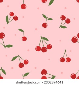 Seamless pattern of cherry fruit with green leaves on pink background vector illustration. Cute fruit print.