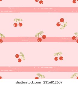 Seamless pattern of cherry fruit with green leaves on stripe pink background vector illustration.