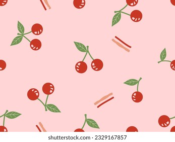 Seamless pattern of cherry fruit with green leaves on pink background vector illustration.