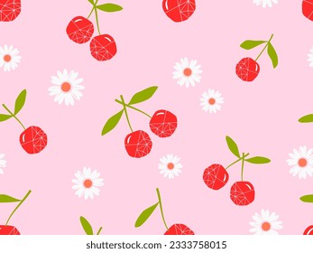 Seamless pattern of cherry fruit with green leaf and white flower on pink background vector illustration. Cute fruit print.