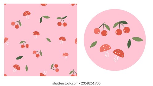 Seamless pattern of cherry fruit with green leaves  and cute mushroom on pink background. cherry with green leaves and mushroom icon on pink circle sign vector illustration.