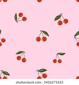 Seamless pattern of cherry fruit with green leaves on pink background vector illustration. Cute fruit print.