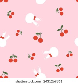 Seamless pattern of cherry fruit with green leaf and bunny cartoons on pink background vector illustration.