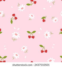 Seamless pattern with cherry fruit, green leaf and cute flower on pink background vector. Cute fruit print .