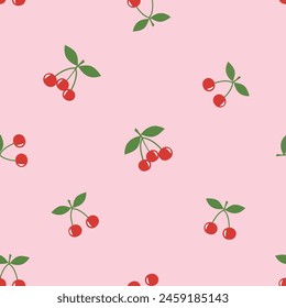Seamless pattern of cherry fruit with green leaves on pink background vector. Cute fruit print.