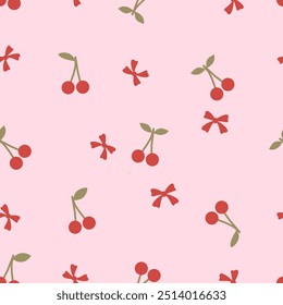 Seamless pattern of cherry fruit with green leaves and red ribbon bow on pink background vector.