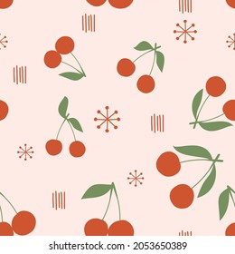 Patrón sin foco con frutos de cerezo y línea dibujada a mano en la ilustración de los vectores de fondo rosa.