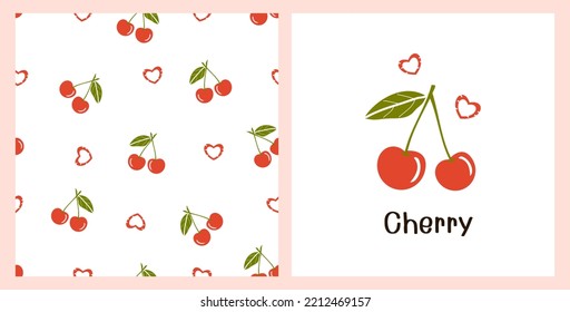 Seamless pattern with cherry fruit and hand drawn hearts on white background. Cherry icon logo with hand written fonts.