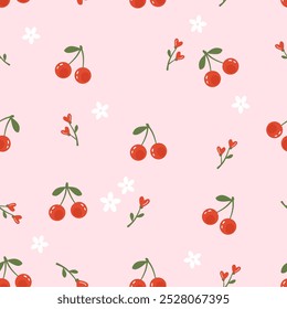 Seamless pattern with cherry fruit, heart shape flower on pink background vector. 