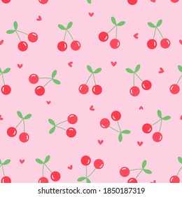 seamless pattern with cherry fruit and hearts on pink background vector illustration.