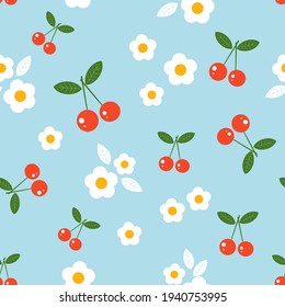 Seamless pattern with cherry fruit and little flower on blue background vector illustration.