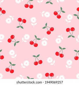 Seamless pattern with cherry fruit and little daisy flower on pink background vector illustration.