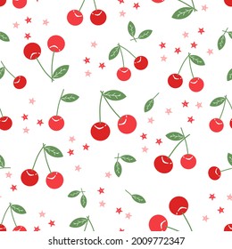 Seamless pattern with cherry fruit and little stars on white background vector illustration.