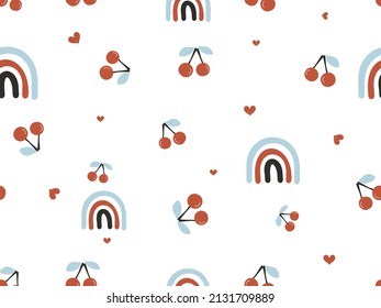 Seamless pattern with cherry fruit, little hearts and rainbows on white background vector illustration.