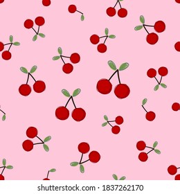 Seamless pattern with cherry fruit on pink background vector illustration.