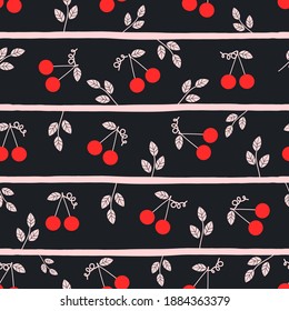 Seamless pattern with cherry fruit  on pink black stripe line background vector illustration.