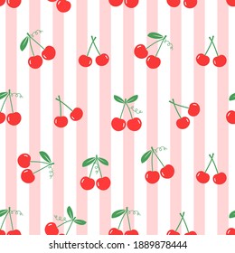 Seamless pattern with cherry fruit on white pink striped background vector illustration.