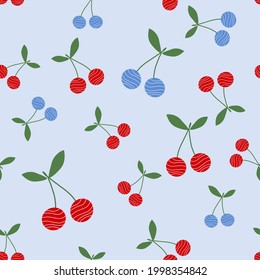 Seamless pattern with cherry fruit on blue background vector illustration. Cute fruit print.