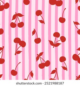 Seamless pattern with cherry fruit on striped pink background. Trendy preppy design. Editable vector illustration for wrapping paper, packaging, fabric, room decor, phone case etc.