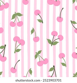 Seamless pattern with cherry fruit on striped pink background. Trendy preppy design. Editable vector illustration for wrapping paper, packaging, fabric, room decor, phone case etc.