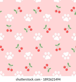 Seamless pattern with cherry fruit and paw print on pink background vector illustration.