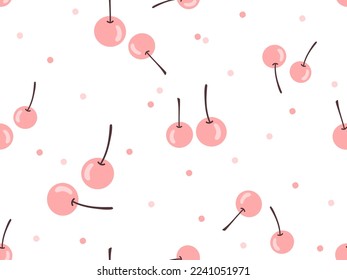 Patrón sin foco de frutos de cerezo con puntos rosados en la ilustración vectorial de fondo blanco. Huella infantil