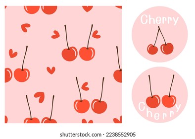 Seamless pattern with cherry fruit and red hearts on pink background. Cherries logo and hand written fonts on pink circle signs isolated on white background vector illustration.